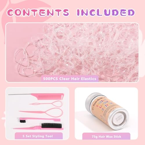 Hair Wax Stick Accessories, 500 PCS Clear Hair Elastics for Kids Women, 3 Pcs Hair Brush for Girls, 2 Hair Loop Styling Tools