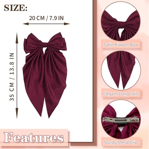 Hair Bows Vintage Bow Clips Dark Red Ribbon Bows Barrettes Large Bowknot Clip Satin Bowknot French Barrette Long Tail Cute Bow Hair Accessories For Girls Women