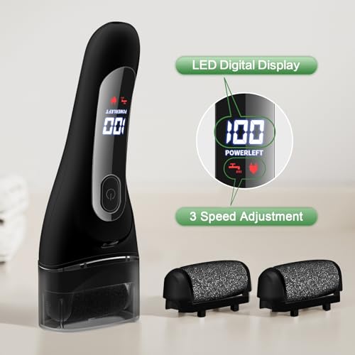 Electric Foot File Pedicure Feet Hard Skin Remover Foot Scraper Dry Dead Skin Remover Callus Exfoliator Rechargeable Feet Scrubber with 3 Replacement Rollers Foot Care Skin Removers, Black