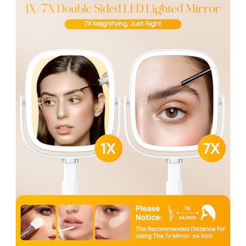 Gospire Rectangle Lighted Makeup Mirror with Lights and 1X/7X Magnifying Mirror, Height Adjustable and 4000mAh Rechargeable for Bedroom, 8.5¡±x7.4¡± Large Surface, Stepless Dimming - White