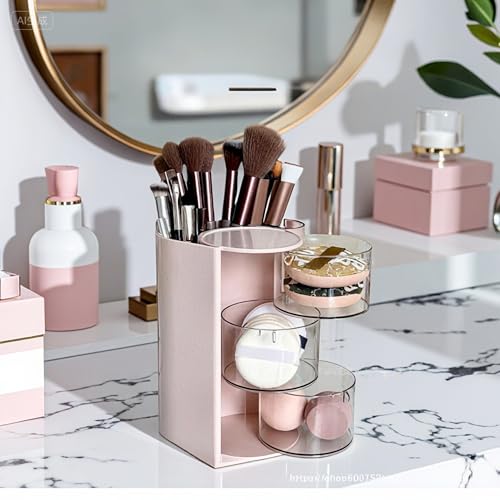 Hair Accessories Organizer with Hair Brush Holder, Rotatable Makeup Brush Holder for Necklaces, Earring, Bracelet, Ring, Makeup Brushes, Hair Clip and Hair Accessories (Pink, 3-Layer)