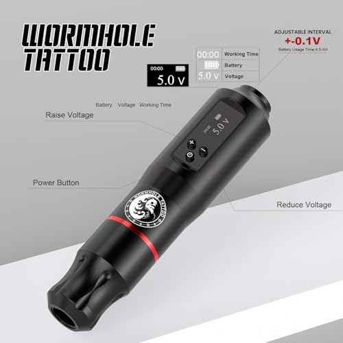 Tattoo Gun Kit, Wormhole Tattoo Kit Wireless Tattoo Machine Kit with 1,600 mAh Capacity Wireless Power Supply Digital LED Display Tattoo Pen Kit WTK279