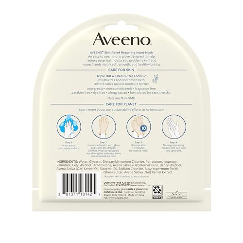 Aveeno Skin Relief Repairing Hand Mask, Moisturizing Gloves with Prebiotic Oat & Shea Butter for Very Dry Skin, Hand Care for Sensitive Skin, Fragrance-Free, 1 Pair of Single-Use Gloves