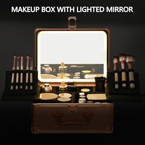 Makeup Case with Lighted Mirror, Makeup Box Organizer with Detachable LED Mirror, Travel Makeup Train Case, Waterproof Cosmetic Organizer, Standing Brush Holder, Gift, Rose Gold