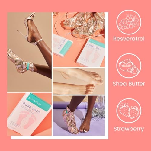 Patchology Ros? Toes Moisturizing Foot Mask ? Shea Butter & Strawberry Scented Booties for Dry, Cracked Feet, Disposable Spa Socks with Resveratrol for Soothing Foot Care, Self-Care Essentials