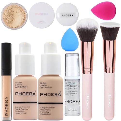 PHOERA Concealer & Foundation - Full Coverage, Matte Finish, Up to 24 Hour Fresh Wear - Includes Primer, Powder & Foundation Brush (#101 Porcelain + #102 Nude)