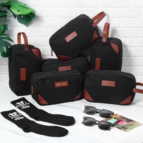 18 Pcs Wedding Groomsmen Gifts Set Include Pcs Men Toiletry Bags Pairs Cotton Groomsmen Socks Pairs of Sunglasses for Wedding Proposal Gifts Bachelor Party Travel Kit(Black)