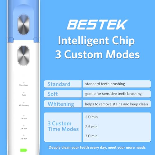 BESTEK Sonic Electric Toothbrush with IPX67 Waterproof, Powerful Cleaning Rechargeable Toothbrush with Multiple Modes & Smart Timer, 3 Replacement Brush Head & 1 Travel Case - Blue