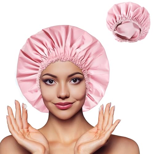 Shower Cap for Women, Double Layer Waterproof Bath Cap, Reusable Hair Protector, Large Waterproof Shower Bonnet Washable Elastic Band Bath Hair Hat for Long Hair, Braids£¬ - Pink