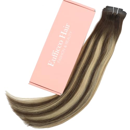 Seamless Clip in Hair Extensions Remy Human Hair, 20 Inch 120G, Rooted Chocolate Brown Base Mixed with Caramel Blonde, Balayage Invisible PU Clip In Hair, Skin Weft Human Hair Extensions