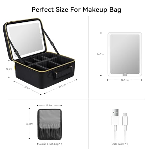 JUSRON Travel Makeup Bag With LED Mirror,Train Case with Light up Mirror, Portable Makeup Artist Organizer Bag with Adjustable Dividers (Black, Large)