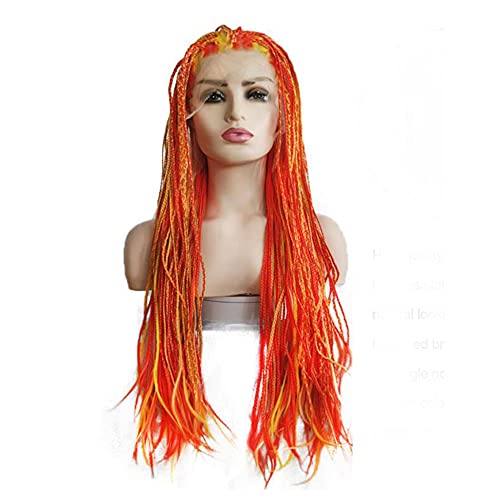 xiweiya 13x3 Lace Yellow Mixed Orange 28" Afro Twist Wig Micro Box Braids Natural Crochet Hair with Heat Resistant Fiber Mermaid Colorful Synthetic Lace Front Wig Middle Cap Size for Women