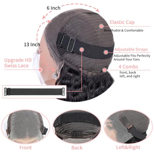 13x6 Deep Wave Lace Front Wigs Human Hair 24 Inch 200 Density HD Lace Frontal Glueless Wigs Human Hair Pre Plucked Deep Curly Wig with Baby Hair Natural Black