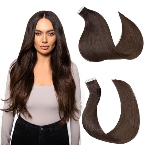 Tape in Hair Extensions £¬Real Human Hair Extension,Chocolate Brown Human Hair 22 inch 32pcs 80g,Thick Ends Straight Seamless, Invisible Tape in Hair Extensions Human Hair