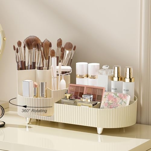 Makeup Organizer Countertop Rotating Makeup Organizer for Vanity Large Capacity Cosmetic Display Case with Makeup Brush Holder Cosmetic Organizer Countertop£¨Cream£©