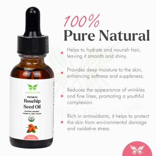 USDA Certified Organic Rosehip Seed Oil (1 Oz) 100% Pure Natural, Chemical-Free, Hair Moisturizer, Skin Hydration, Natural Beauty, Anti-Aging, Wrinkles Reduction, Antioxidants