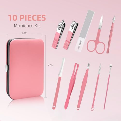 Manicure kit 10 in 1 Professional manicure kit for Women, nail kit,Grooming kit,Manicure Set Personal care Manicure set women,Nail Care Tools with Luxurious Travel Case(pink)