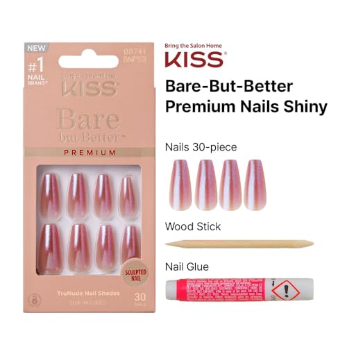KISS False Nails Kit, Bare but Better Ready to Wear Sculpted Nails, Stick and Glue Included, Long Length, Coffin Shape, Long-Lasting Hottest Trend Glue on Nails, Convenient & Easy to Apply