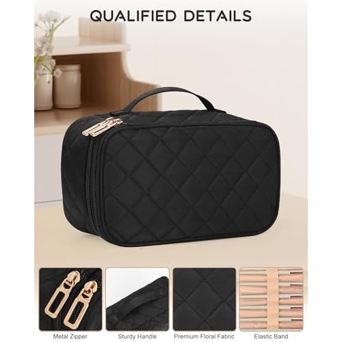 Relavel Makeup Bag, Small Makeup Bag for Women, Travel Cosmetic Bag, 2 Layers Waterproof Makeup Organizer Storage with Makeup Brush Holder, Black