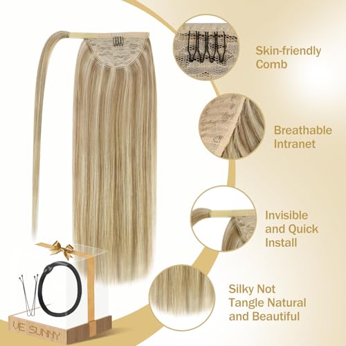 Ve Sunny Ponytail Extension Real Human Hair for Women Clip in Ponytail Hair Extension Straight Hair Pieces Wrap Around Dark Ash Blonde Highlights Golden Blonde 22inch 80G
