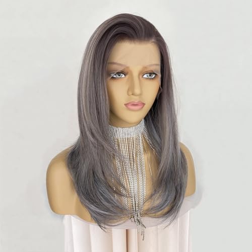 Ash Gray Brown Wig Highlight Dark Grey Color 13x4 Lace Front Wigs Layered Style Wavy Synthetic Fiber Hair 18Inch Pre Plucked for Women