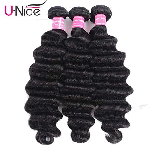 UNice Hair 10A Brazilian Loose Deep Wave Hair 3 Bundles, 100% Unprocessed Human Virgin Hair Weave Extensions Natural Color (16 18 20)