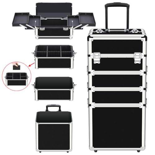 OUDMAY Makeup Train Case 4 in 1 Professional Cosmetics Rolling Organizer Aluminum Frame and Folding Trays