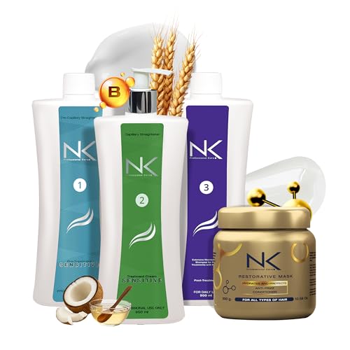 NK Professional Care Sensitive Keratin Hair Straightening Treatment, Vegan, Formaldehyde Free. Kit Steps 1,2,3,4. Sensitive straightening treatment, post-treatment shampoo and restorative mask.