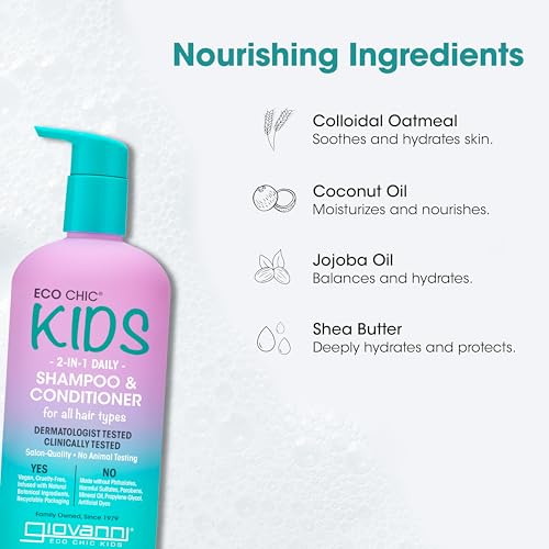 GIOVANNI Eco Chic Kids 2 in 1 Shampoo & Conditioner - For All Hair Types, Salon Quality, Gentle Formula - 16.5 Fl Oz (Pack of 2)