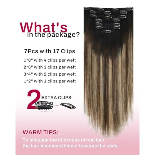 Moresoo Clip in Hair Extensions Real Human Hair Balayage Double Weft Clip in Extensions Human Hair for Long Straight Ombre Black to Brown with Caramel Blonde 7pcs 120g 24inch