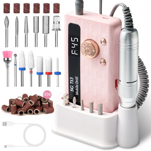 Electric Nail File Professional Kit - Professional 45000RPM Portable Nails Drills Kit with 11 Bits & Base LED Screen Cordless E Filer for Gel Acrylic Nails Remover Home Salon Manicure Pedicure Tools