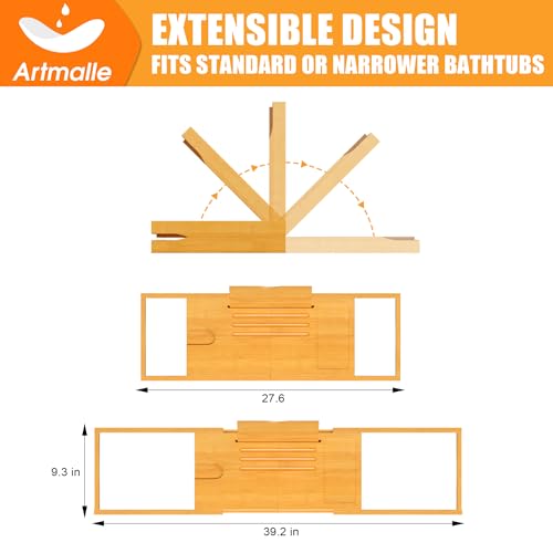 Artmalle Bathtub Caddy Tray for Tub, Expandable Bamboo Bath Table Tray with Book Stand for Home Spa Relaxing, Foldable Minimalist Bathroom Accessories for Women Men (Simple, Natural) (Natural)