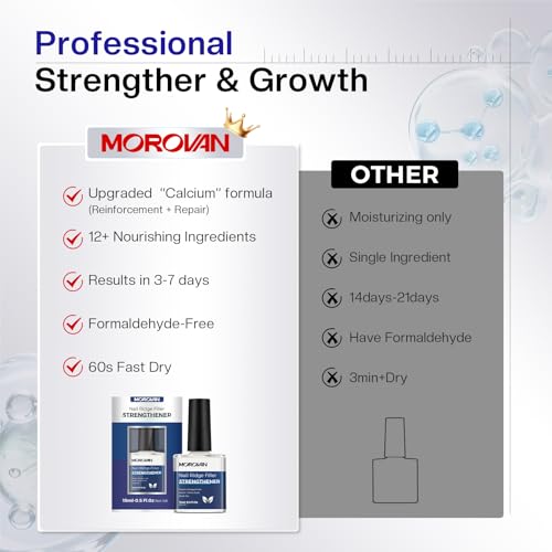 Morovan Nail Strengthener and Growth: Nail Polish Hardener for Damaged Nails Treatment Natural Keratin Repair Ridge Filler Prevents Discoloration Crack Thin Essential Manicure Nail Care Women