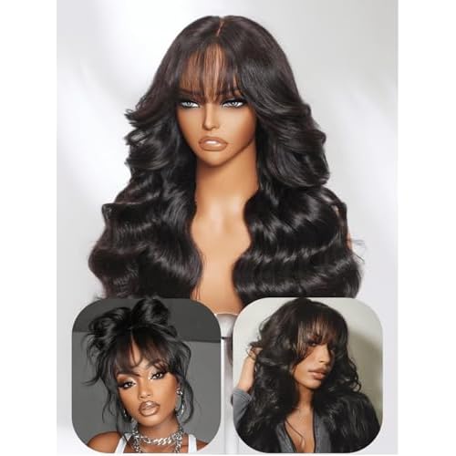 UNICE Loose Wave 7x5 Lace Front Wigs Human Hair with Curtain Bangs Bye Bye Knots Glueless Human Hair Wig Pre Plucked Pre Cut Bleached Knots Put on and Go Wig for Women 180% Density 18 Inch