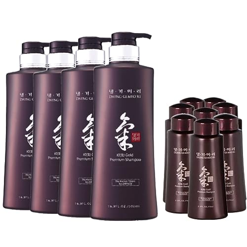 Daeng Gi Meo Ri- Ki Gold Premium Shampoo(4 pcs), Promoting Hair Growth, Effectively Moisture to Dry and Rough Hair, No Artificial Color 16.9 FL OZ/ 500ml + 2.3 FL OZ/70ml Samples(8pcs)