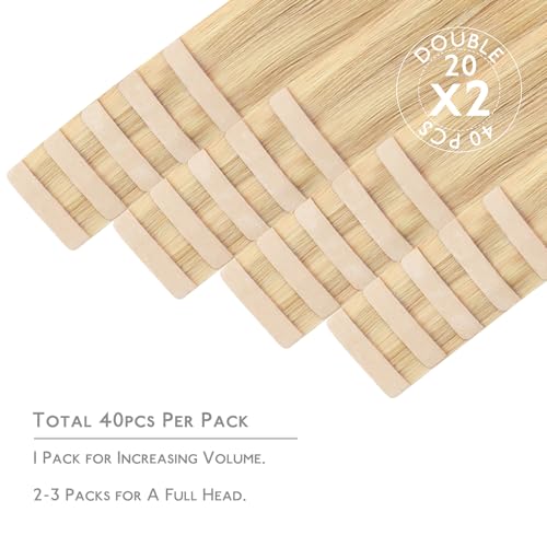 WENNALIFE Tape in Hair Extensions Human Hair, 40pcs 100g 20 inch Light Blonde Highlighted Golden Blonde Hair Extensions Real Human Hair Straight Tape in Extensions Invisible Human Hair Extensions