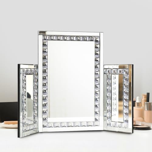 Silver Trifold Mirror -Hollywood Large Vanity Trifold Makeup Mirror, 3 Side Folding Tabletop Mirror £¬Braiding Hair, Makeup 360¡Æ Way