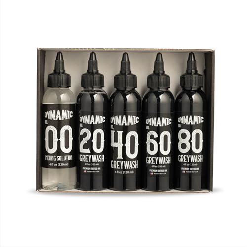Dynamic Color Co - Greywash Set, Premade Tattoo Greywash, Includes 4 Shades Plus Mixing Solution, 5 Bottle Set, Made in USA, Sterile, Hospital Grade Water, Vegan (4 Ounce Bottles)