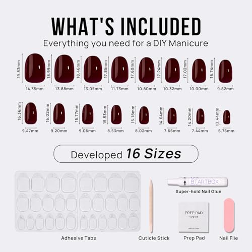 BTArtbox Press On Nails Short - Dark Red Press on Nails, Short Oval Fake Nails with Nail Glue, Fit Perfectly & Natural Reusable Stick on Nails in 16 Sizes Soft Gel Nail Kit, Coffee Bean