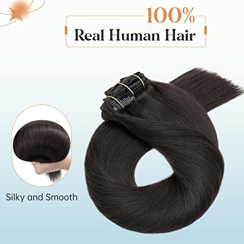 Elailite Clip in Human Hair Extensions, 125g 22 Inch 7pcs #1B Natural Black 100 Real Human Hair, Double Weft Handmade Soft Natural Straight Brazilian Virgin Remy Human Hair for Women