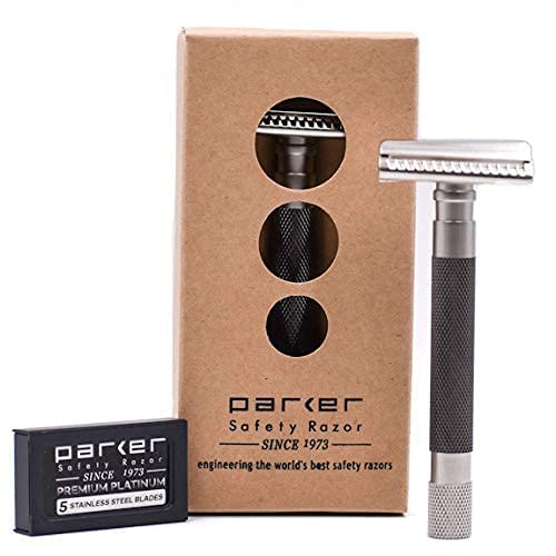 Parker Semi-Slant Safety Razor – Graphite Finish | Close Shaving Double Edge Razor for Sensitive Skin & Coarse Hair | Slanted Precision Head + 5 Platinum DE Blades | Iconic Brand