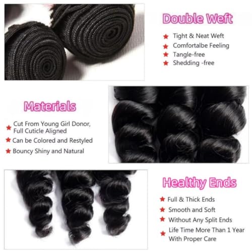 Loose Wave Human Hair Long Brazilian Virgin Bundles - Natural Black Color, Can Be Dyed and Styled - 3 Weave Bundles Total 300g - 22, 24, 26 Inch
