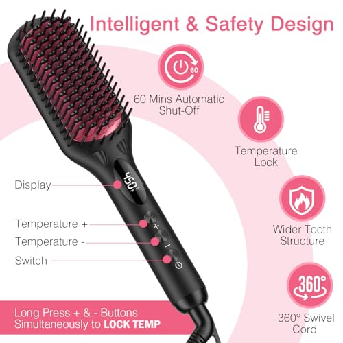 Enhanced Ceramic Hair Straightener Brush by MiroPure, 2-in-1 Ionic Straightening Brush with Anti-Scald Feature, Auto Temperature Lock & Auto-Off Function (Black)