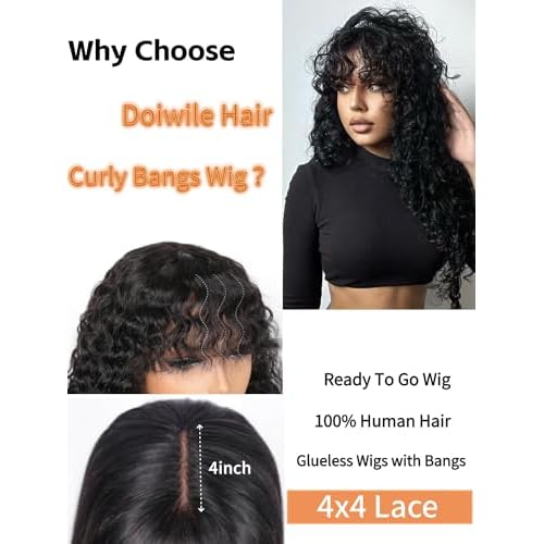 Shaggy Haircuts Curly Human Hair Wig with Bangs 4x4 HD Lace Closure Wig with Bangs Human Hair Wear and Go Glueless Wigs for Black Women (Black,26inch)