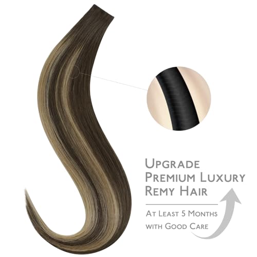 WENNALIFE Invisi Edge Tape in Hair Extensions Human Hair, 16 Inch 50g 20pcs Balayage Chocolate Brown to Caramel Blonde Invisible Luxury Remy Hair Extensions Natural Seamless Injected Tape Ins Straight