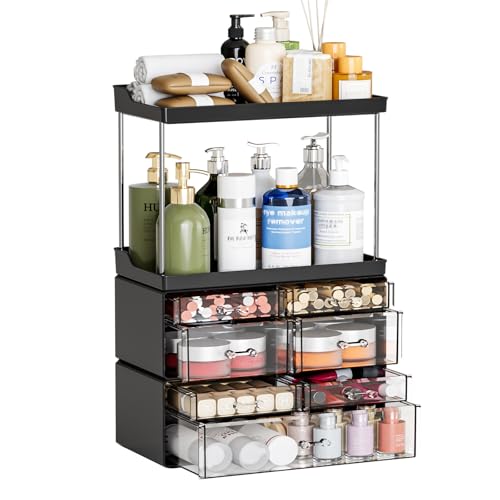 3 Pack Bathroom Organizers and Storage Countertop With 7 Drawers,Stackable Vanity Drawer Organizer for Makeup,18.9" Tall Large Capacity Skincare Organizer and Exquisite Makeup Organizer,Black