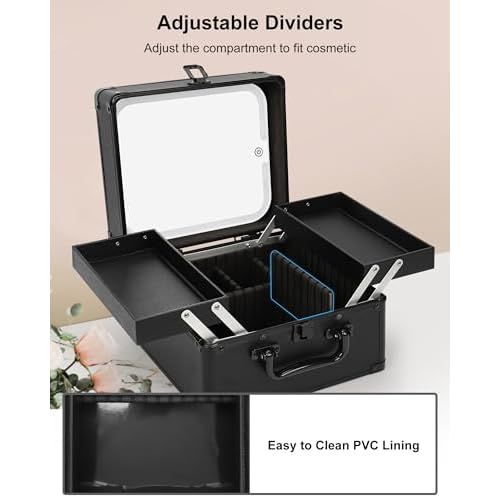Chomeiu Makeup Bag with Mirror, Travel Train Case Large Cosmetic Organizer with 2 Trays and Vanity Mirror with LED Lights, Brush Holder Storage Box Suitcase for Nail Kits Cosmetics Craft, Black