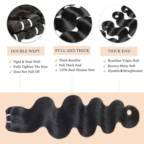 Body Wave Bundles Human Hair 20 22 24 26 Inch 12A Body Wave 4 Bundles 100% Unprocessed Brazilian Virgin Remy Hair Body Wave Human Hair Bundles Hair Extensions Natural Color