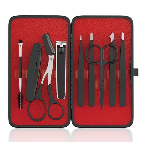 Tweezers for Women Facial Hair, 9 in 1 Eyebrow Kit with Tweezers, Eyebrow Trimmer Scissors, Razor, Brush with Leather Travel Case, Hair Plucking Daily Beauty Tools