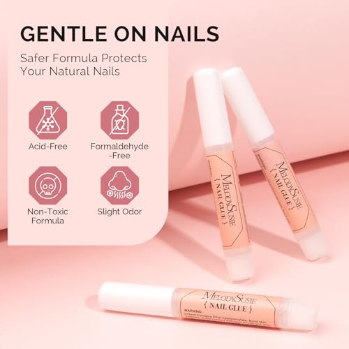 MelodySusie Nail Glue for Acrylic Nails Press on Nails Super Strong and Long Lasting Nail Glue for Adhesive Bond False Nails with Easy Application, 0.07oz 6pcs